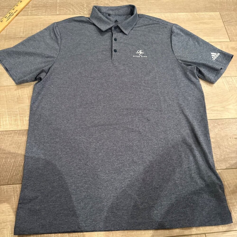 ADIDAS MENS HEATHER BLUE LARGE SHORT SLEEVE DRI FIT POLO SHIRT RIVER CLUB LOGO